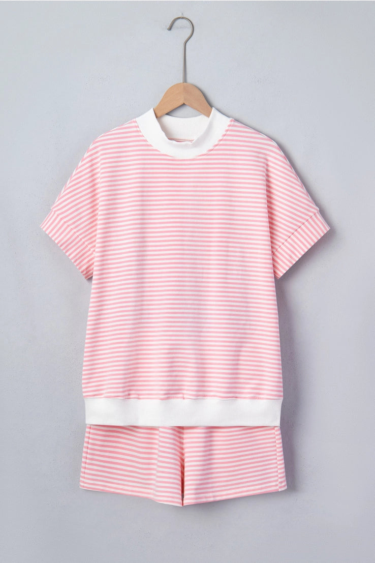 Stripe Contrast Mock Neck Tee & Shorts Set