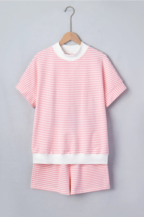Stripe Contrast Mock Neck Tee & Shorts Set